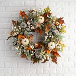 Fall Greenery Wreath with Pumpkins, Autumn Eucalyptus Wreath