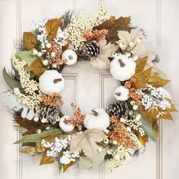 Thanksgiving Wreaths with White Pumpkin for Front Door Fall Decoration