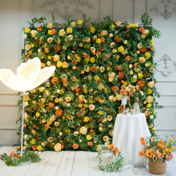 Flower Wall Yellow Orange Rose Green Leaves Cloth Roll Up Arrangement Fabric Hang Curtain Plant Wall Wedding Backdrop Decor Prop