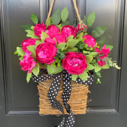 Front door Pink Peony Basket Wreath for Spring Summer Farmhouse and Wedding